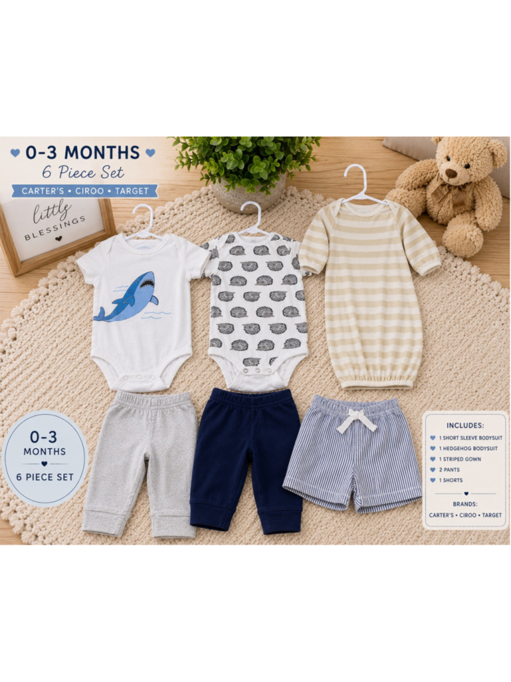 Baby Carter's 6-Piece Set 0-3 Months White Blue Hedgehog Shark